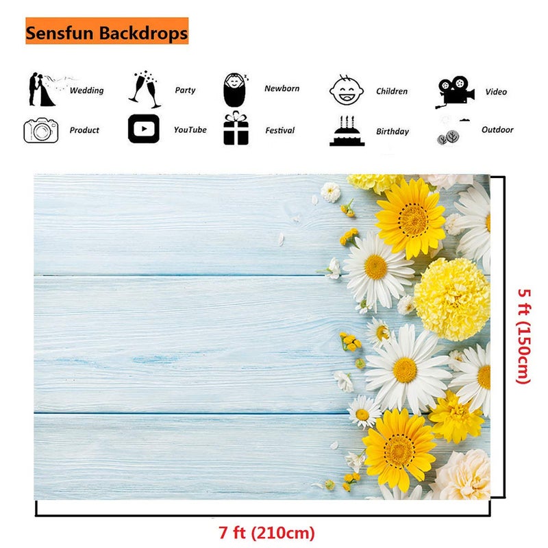Sensfun 7x5ft Blue Wood Photography Backdrops Spring Theme Yellow White Daisy Flowers on Light Wood Plank Photo Background for Bridal Shower Birthday Party Children Photoshoot Studio Props(WP094) - Image 3